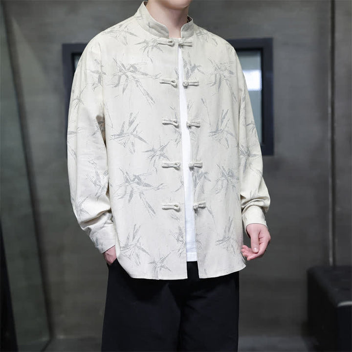 Buddha Stones Camisas de manga larga para hombre con estampado de bambú y botones de rana, estilo casual de primavera. - image 5