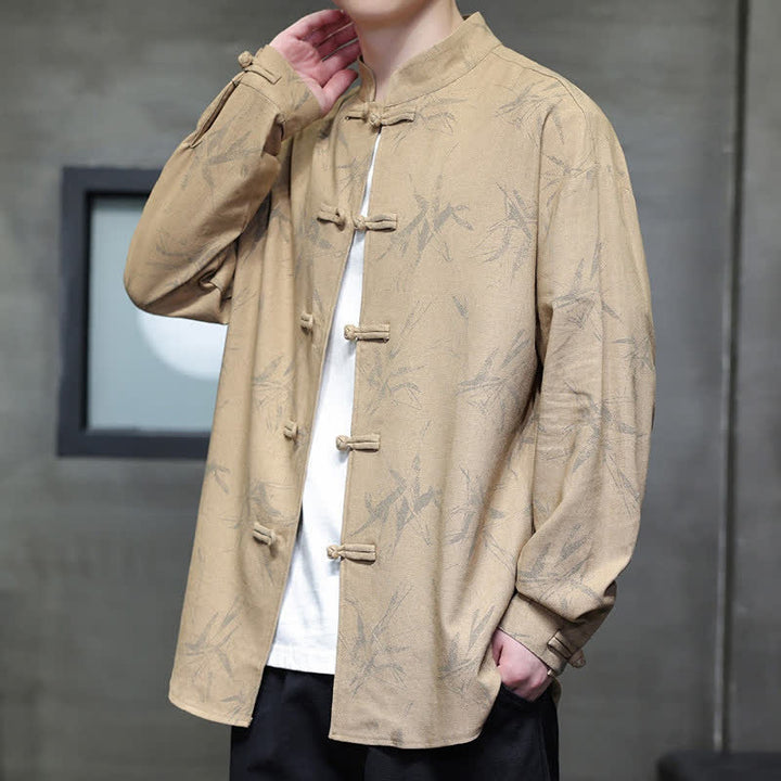 Buddha Stones Camisas de manga larga para hombre con estampado de bambú y botones de rana, estilo casual de primavera. - image 15