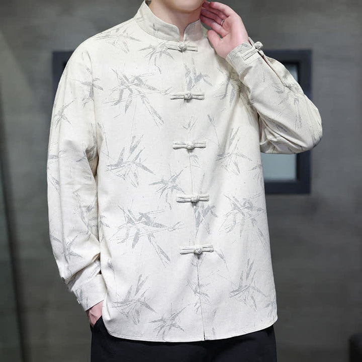 Buddha Stones Camisas de manga larga para hombre con estampado de bambú y botones de rana, estilo casual de primavera. - image 4