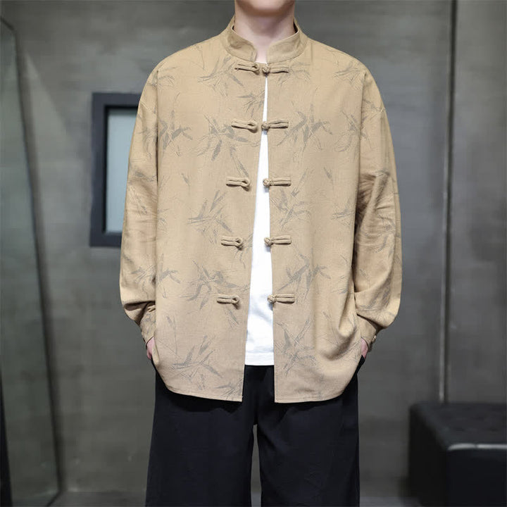Buddha Stones Camisas de manga larga para hombre con estampado de bambú y botones de rana, estilo casual de primavera. - Broncearse - US/UK/AU46, EU56 (5XL) - image 13