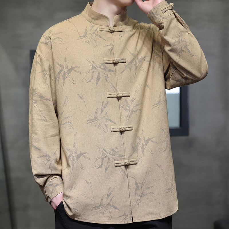 Buddha Stones Camisas de manga larga para hombre con estampado de bambú y botones de rana, estilo casual de primavera. - image 16