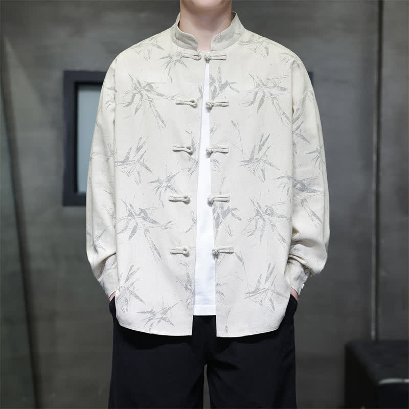 Buddha Stones Camisas de manga larga para hombre con estampado de bambú y botones de rana, estilo casual de primavera. - Lino - US/UK/AU46, EU56 (5XL) - image 0