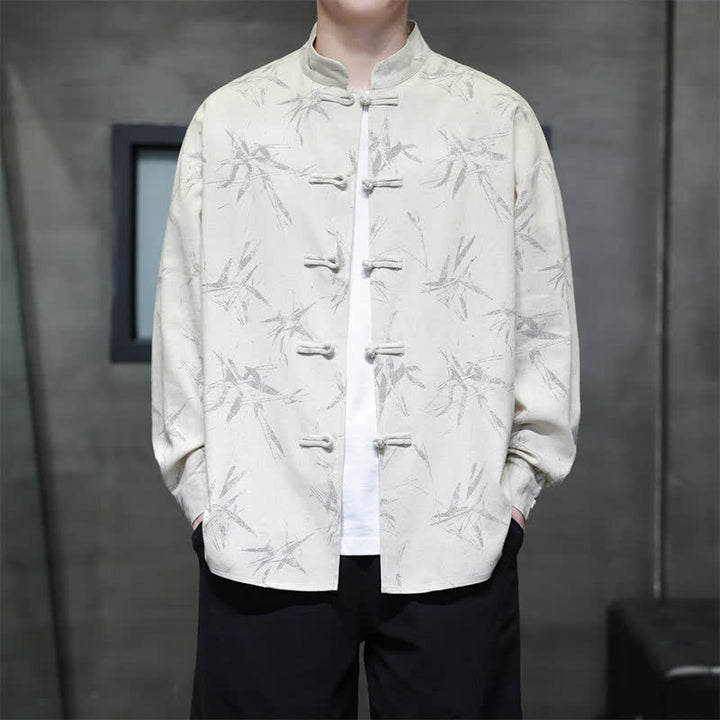 Buddha Stones Camisas de manga larga para hombre con estampado de bambú y botones de rana, estilo casual de primavera. - Lino - US/UK/AU46, EU56 (5XL) - image 0