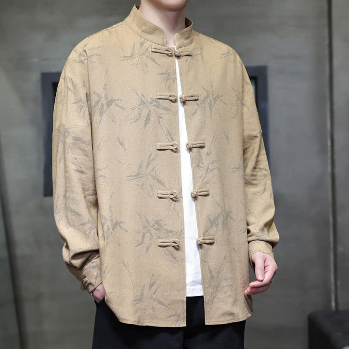 Buddha Stones Camisas de manga larga para hombre con estampado de bambú y botones de rana, estilo casual de primavera. - image 14