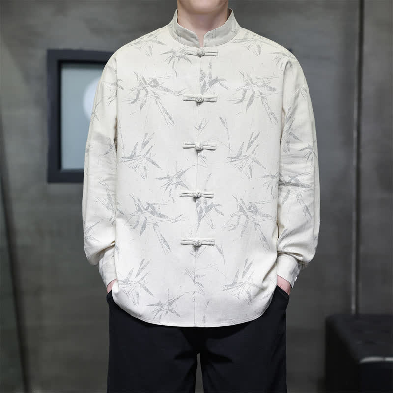 Buddha Stones Camisas de manga larga para hombre con estampado de bambú y botones de rana, estilo casual de primavera. - image 3