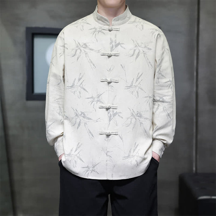 Buddha Stones Camisas de manga larga para hombre con estampado de bambú y botones de rana, estilo casual de primavera. - image 3
