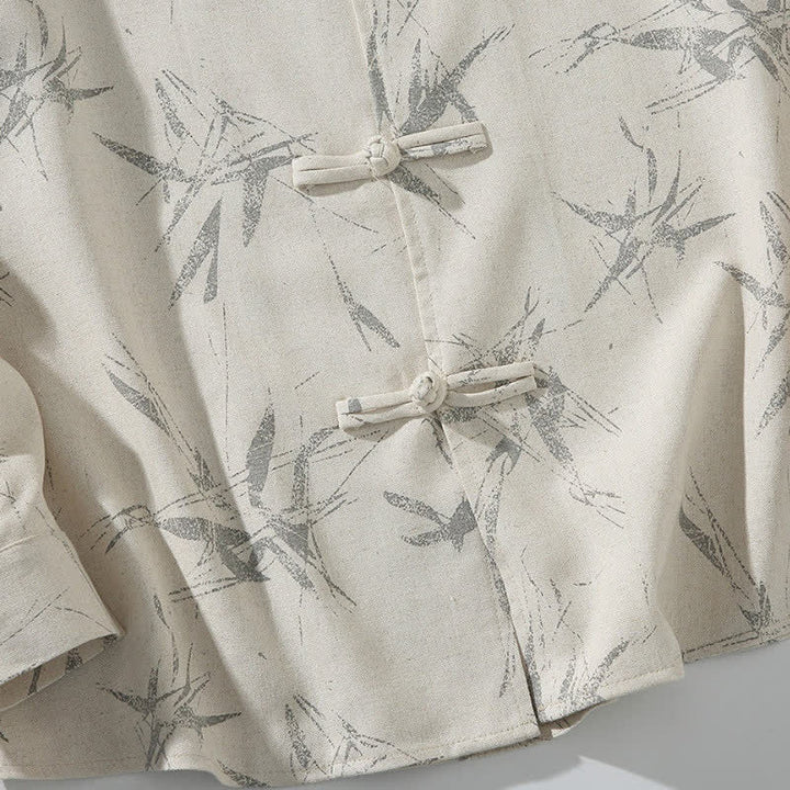 Buddha Stones Camisas de manga larga para hombre con estampado de bambú y botones de rana, estilo casual de primavera. - image 10