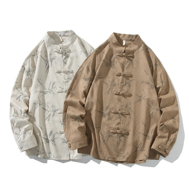 Buddha Stones Camisas de manga larga para hombre con estampado de bambú y botones de rana, estilo casual de primavera. - image 20