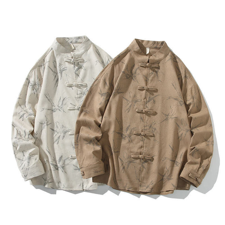 Buddha Stones Camisas de manga larga para hombre con estampado de bambú y botones de rana, estilo casual de primavera. - image 20