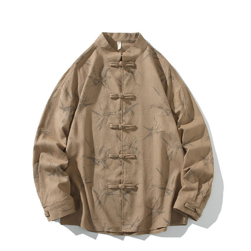 Buddha Stones Camisas de manga larga para hombre con estampado de bambú y botones de rana, estilo casual de primavera. - image 18