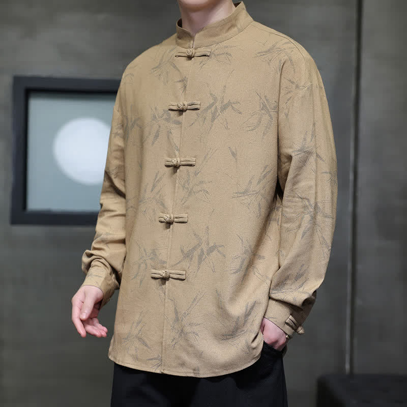 Buddha Stones Camisas de manga larga para hombre con estampado de bambú y botones de rana, estilo casual de primavera. - image 17