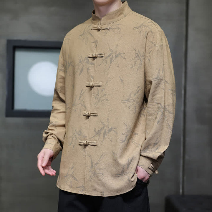 Buddha Stones Camisas de manga larga para hombre con estampado de bambú y botones de rana, estilo casual de primavera. - image 17