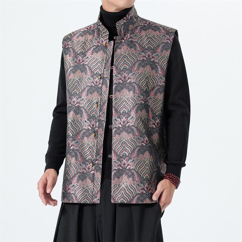 Buddha Stones Camiseta sin mangas para hombre estilo Tang, elegante, con cuello mandarín y estampado floral de olas marinas. - Cardo - US/UK/AU46, EU56 (5XL) - image 0