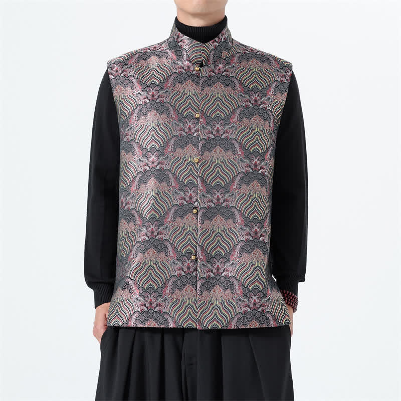 Buddha Stones Camiseta sin mangas para hombre estilo Tang, elegante, con cuello mandarín y estampado floral de olas marinas. - image 1