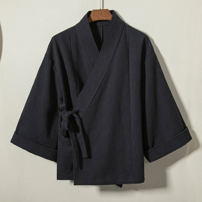 Buddha Stones Kimono minimalista de algodón liso para hombre, con cuello en V, cordón ajustable y estilo otoño/invierno. - Azul medianoche - US/UK/AU44, EU54 (4XL) - image 0