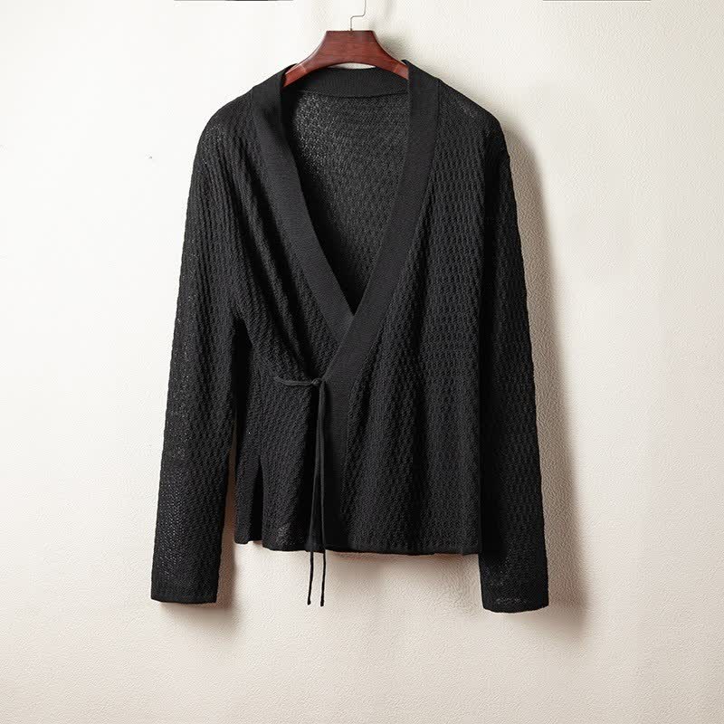 Buddha Stones Kimono de hombre informal de primavera, liso, con cuello en V y cordones. - Negro - US/UK/AU42, EU52 (3XL) - image 0