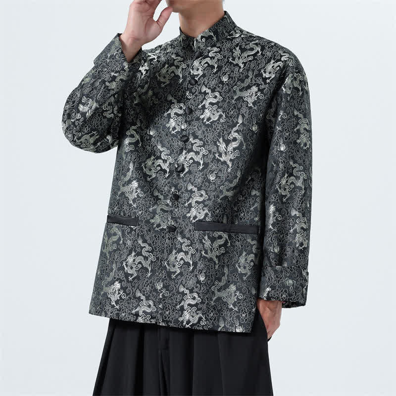 Buddha Stones Chaqueta elegante de estilo Tang para hombre con cuello mandarín, estampado abstracto de dragón y bolsillos, ideal para otoño/invierno. - image 1