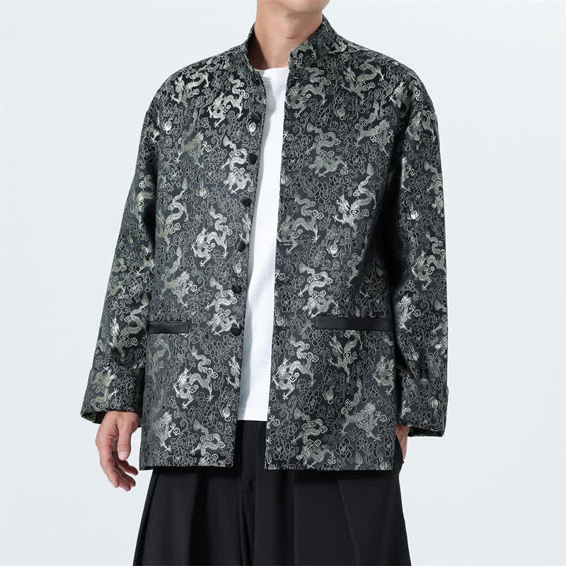 Buddha Stones Chaqueta elegante de estilo Tang para hombre con cuello mandarín, estampado abstracto de dragón y bolsillos, ideal para otoño/invierno. - Negro - US/UK/AU46, EU56 (5XL) - image 0
