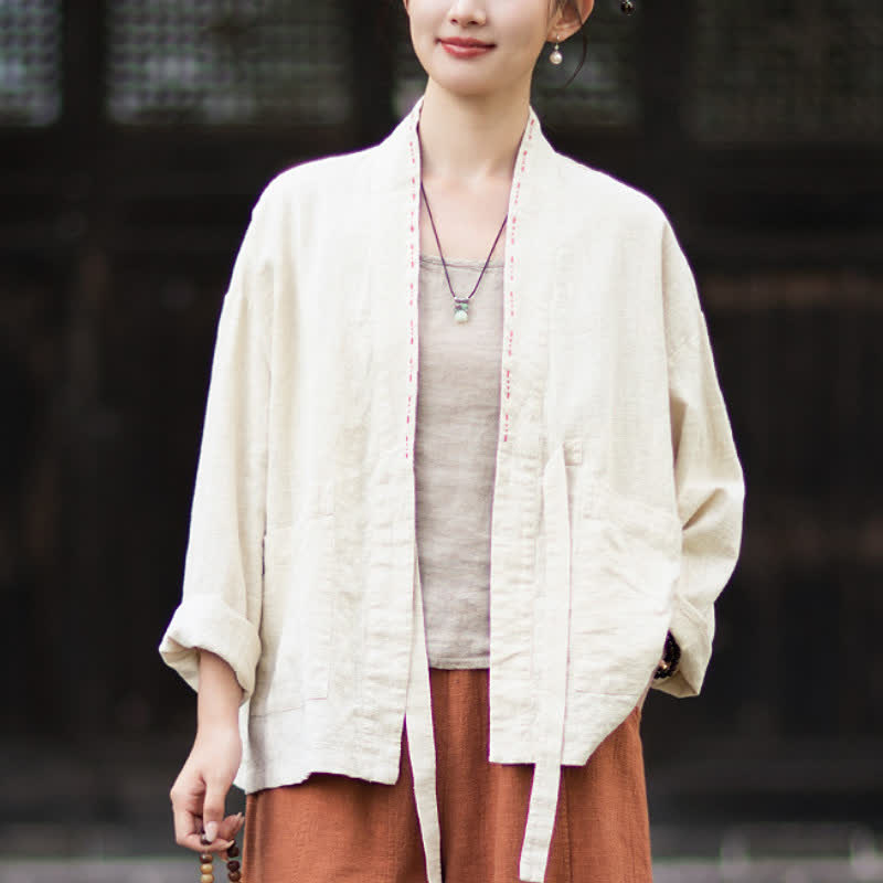 Buddha Stones Kimono de mujer de ramio liso, minimalista, informal, para primavera/verano, con bolsillos. - Beige - US4-6, UK/AU8-10, EU36-38 (F) - image 7