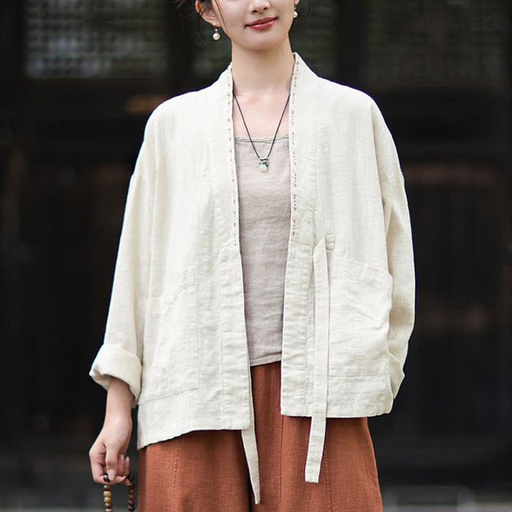 Buddha Stones Kimono de mujer de ramio liso, minimalista, informal, para primavera/verano, con bolsillos. - image 10