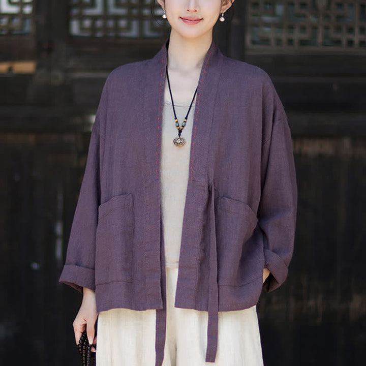 Buddha Stones Kimono de mujer de ramio liso, minimalista, informal, para primavera/verano, con bolsillos. - RebeccaPurple - US4-6, UK/AU8-10, EU36-38 (F) - image 0