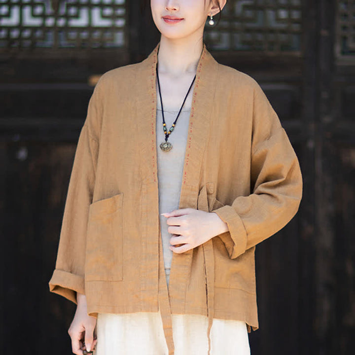 Buddha Stones Kimono de mujer de ramio liso, minimalista, informal, para primavera/verano, con bolsillos. - image 12