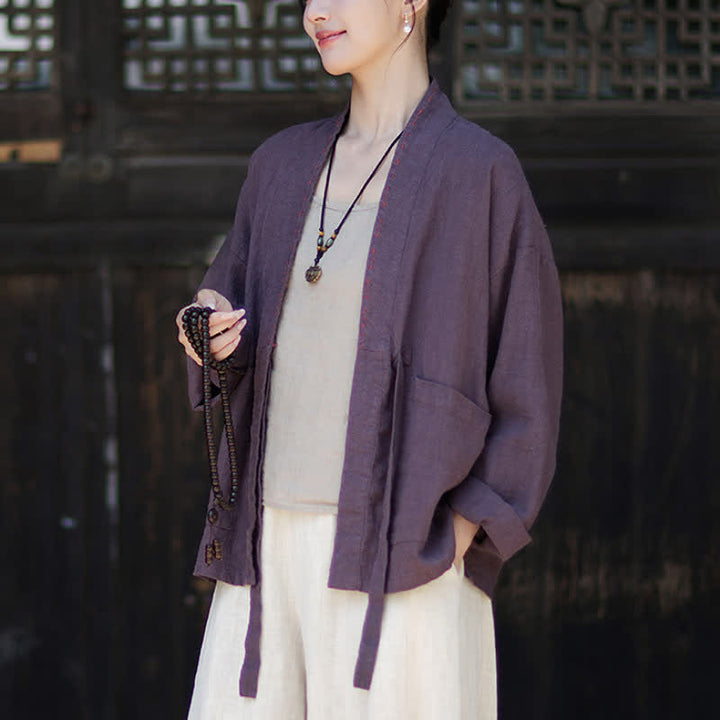 Buddha Stones Kimono de mujer de ramio liso, minimalista, informal, para primavera/verano, con bolsillos. - image 3
