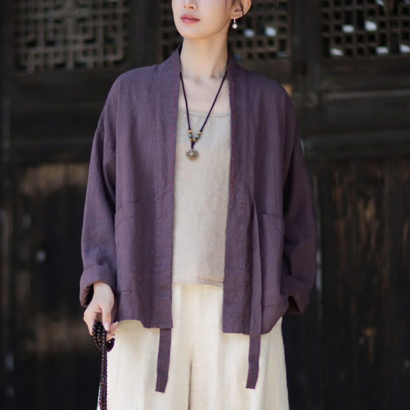 Buddha Stones Kimono de mujer de ramio liso, minimalista, informal, para primavera/verano, con bolsillos. - image 5