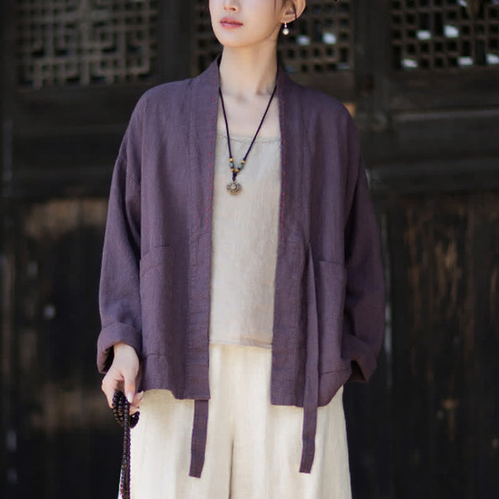 Buddha Stones Kimono de mujer de ramio liso, minimalista, informal, para primavera/verano, con bolsillos. - image 5