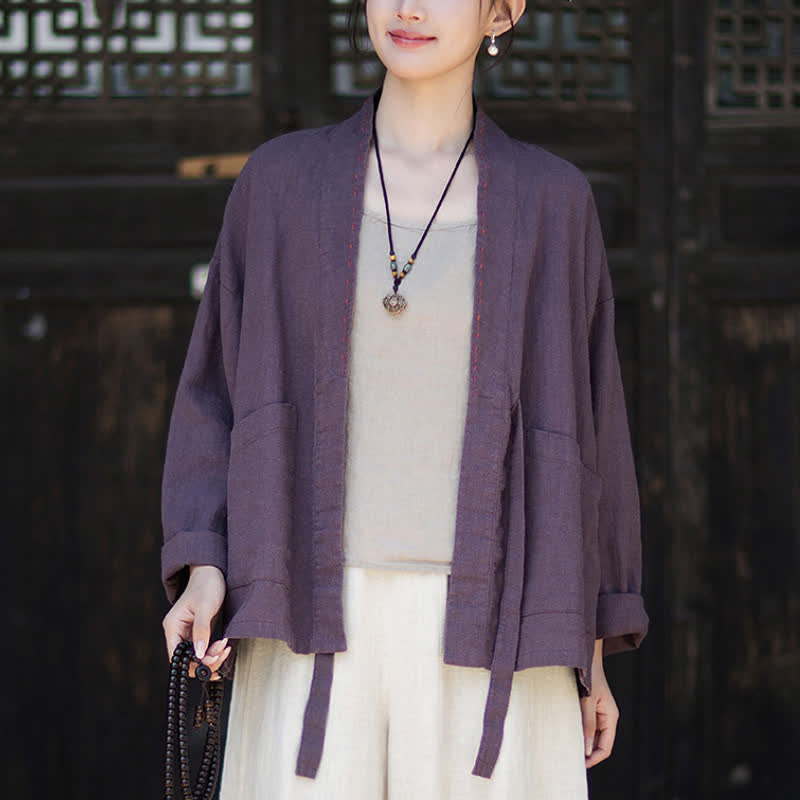 Buddha Stones Kimono de mujer de ramio liso, minimalista, informal, para primavera/verano, con bolsillos. - image 4