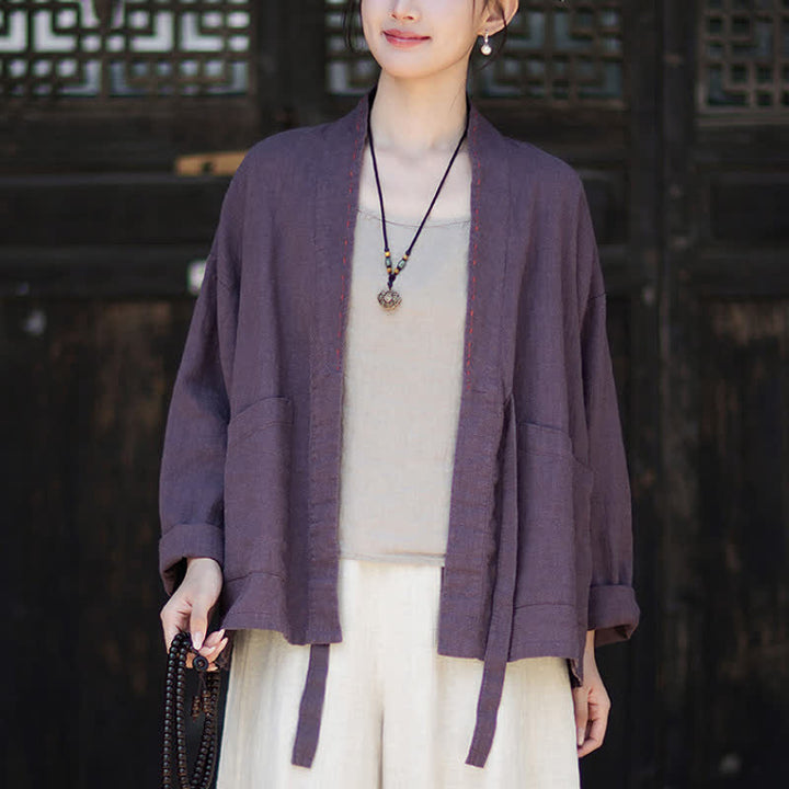 Buddha Stones Kimono de mujer de ramio liso, minimalista, informal, para primavera/verano, con bolsillos. - image 4