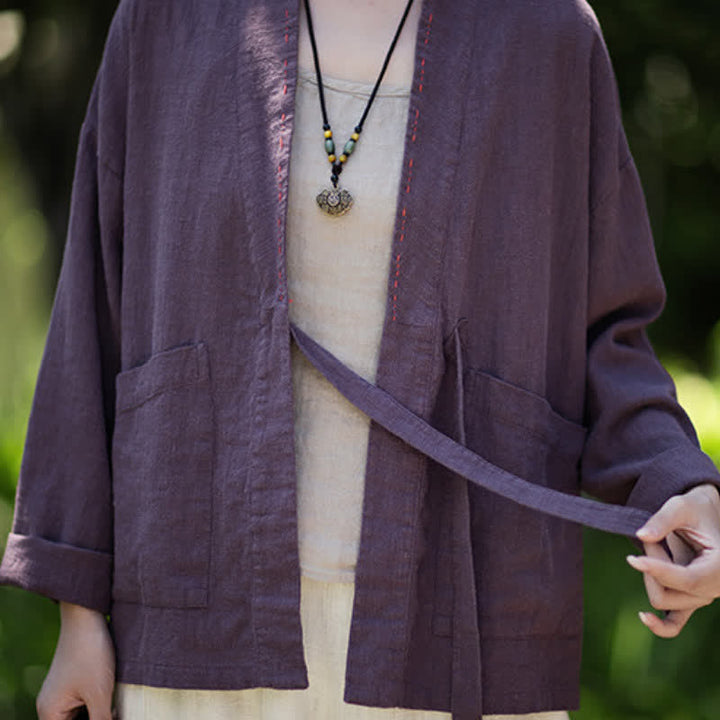 Buddha Stones Kimono de mujer de ramio liso, minimalista, informal, para primavera/verano, con bolsillos. - image 6
