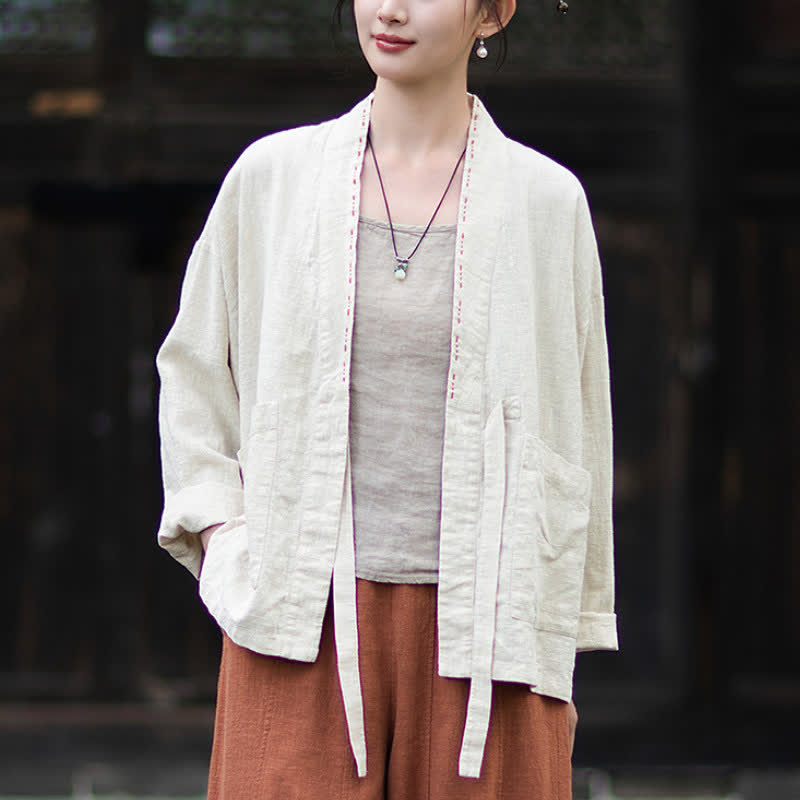 Buddha Stones Kimono de mujer de ramio liso, minimalista, informal, para primavera/verano, con bolsillos. - image 9