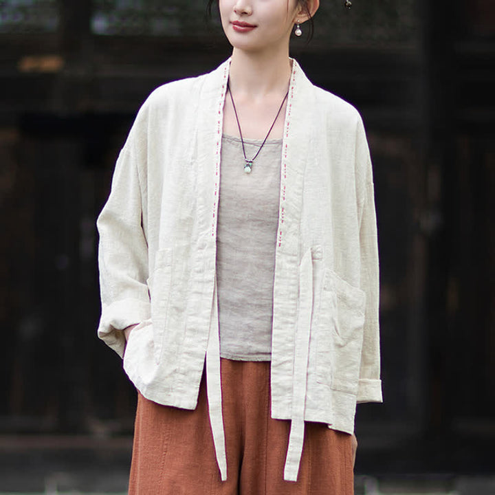 Buddha Stones Kimono de mujer de ramio liso, minimalista, informal, para primavera/verano, con bolsillos. - image 9