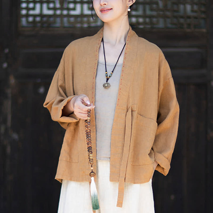 Buddha Stones Kimono de mujer de ramio liso, minimalista, informal, para primavera/verano, con bolsillos. - image 14