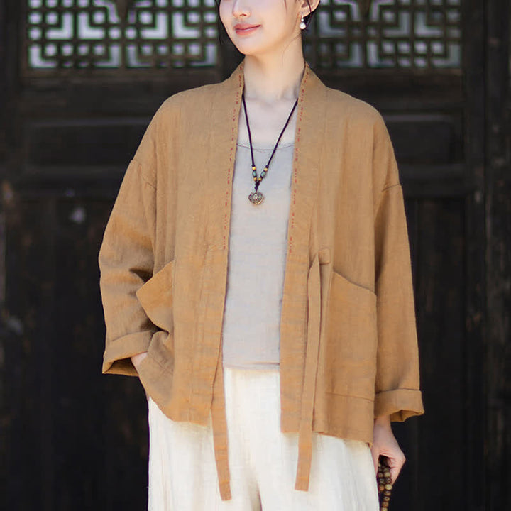Buddha Stones Kimono de mujer de ramio liso, minimalista, informal, para primavera/verano, con bolsillos. - image 11