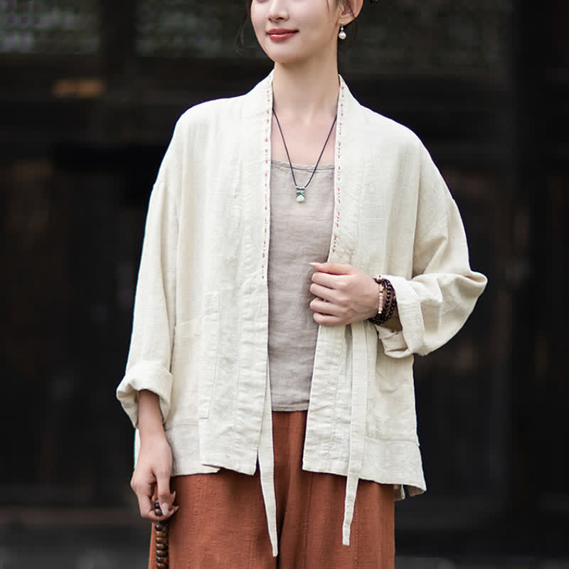 Buddha Stones Kimono de mujer de ramio liso, minimalista, informal, para primavera/verano, con bolsillos. - image 8