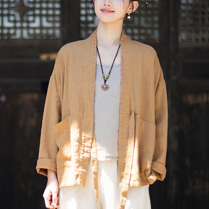 Buddha Stones Kimono de mujer de ramio liso, minimalista, informal, para primavera/verano, con bolsillos. - image 16