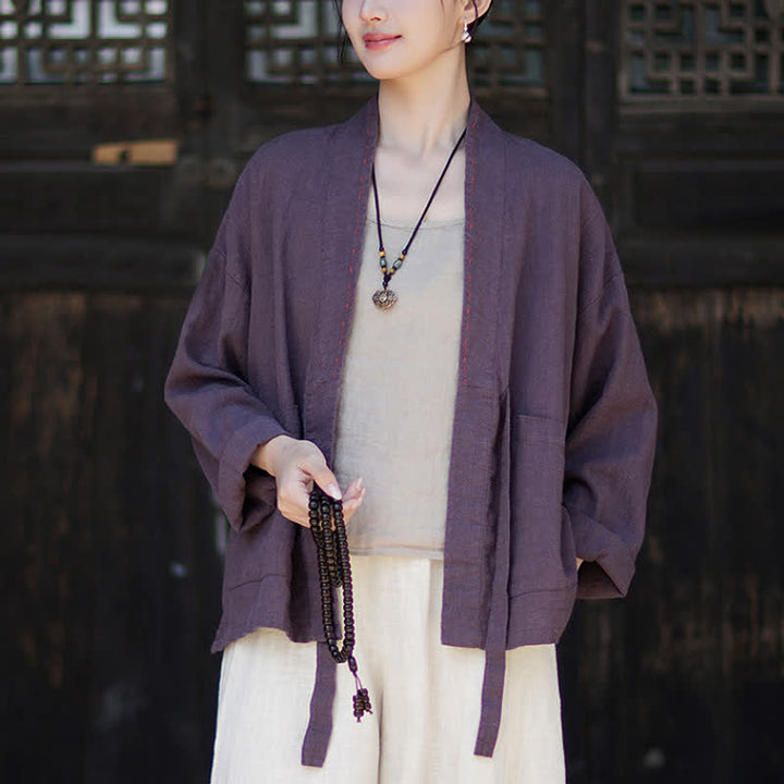 Buddha Stones Kimono de mujer de ramio liso, minimalista, informal, para primavera/verano, con bolsillos. - image 2
