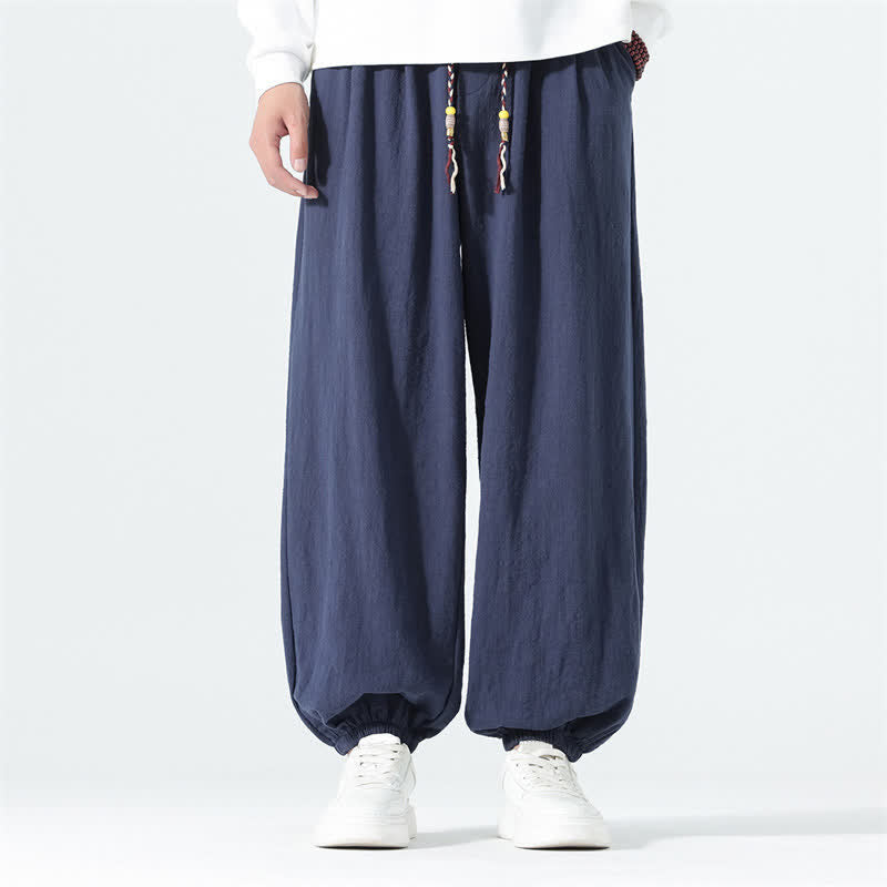 Buddha Stones Pantalones tobilleros de algodón liso con cordón ajustable, estilo casual minimalista, para hombre, ideales para primavera y verano. - Marina de guerra - US/UK/AU46, EU56 (5XL) - image 0