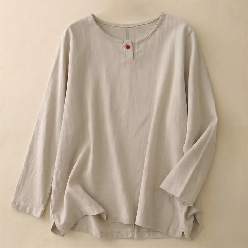 Buddha Stones Camiseta de manga larga de algodón para mujer, estilo casual, sencillo, de cuello redondo y color liso, ideal para primavera y otoño. - Lino - US14，UK/AU18，EU46 (2XL) - image 0