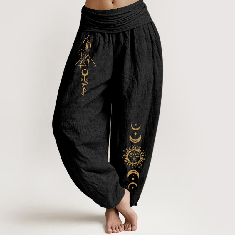Buddha Stones Pantalones harén de algodón puro con estampado geométrico de sol y luna para mujer, cintura elástica - Negro - US16，UK/AU20，EU48 (3XL) - image 0