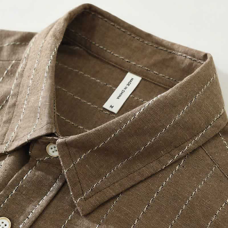 Buddha Stones Camisa de manga larga de algodón a rayas para hombre, estilo casual vintage de otoño, con botones y bolsillo. - image 2