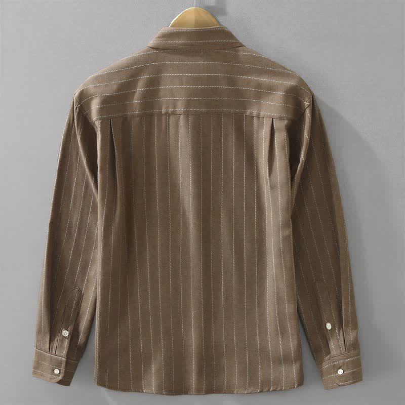 Buddha Stones Camisa de manga larga de algodón a rayas para hombre, estilo casual vintage de otoño, con botones y bolsillo. - image 1