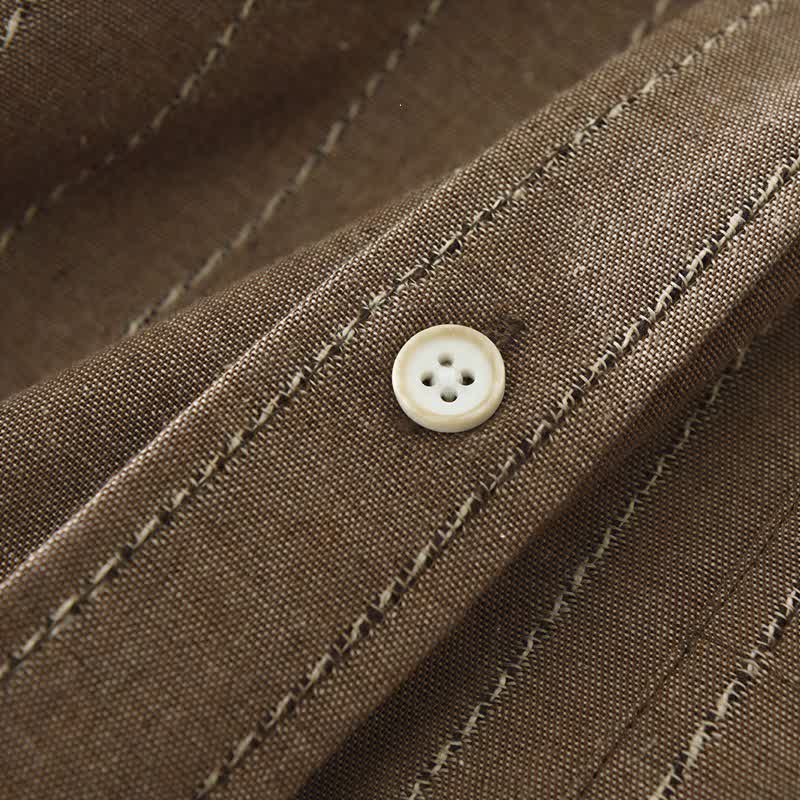 Buddha Stones Camisa de manga larga de algodón a rayas para hombre, estilo casual vintage de otoño, con botones y bolsillo. - image 5