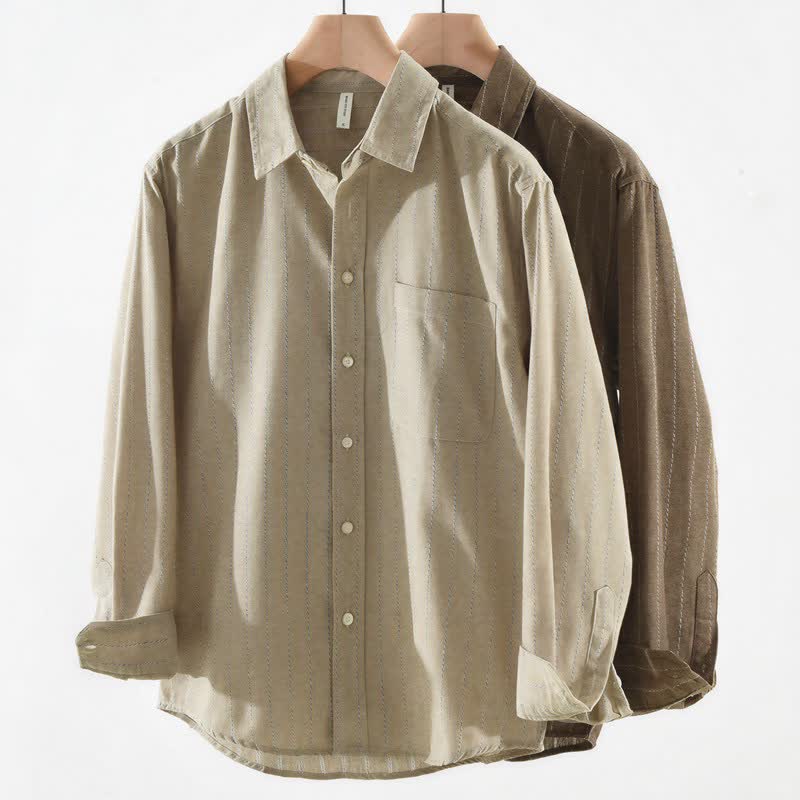 Buddha Stones Camisa de manga larga de algodón a rayas para hombre, estilo casual vintage de otoño, con botones y bolsillo. - image 10