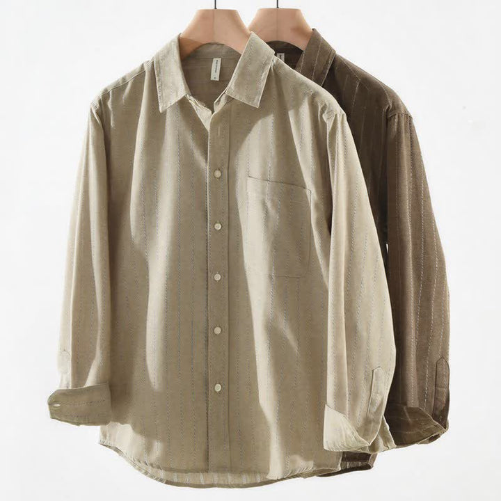 Buddha Stones Camisa de manga larga de algodón a rayas para hombre, estilo casual vintage de otoño, con botones y bolsillo. - image 10