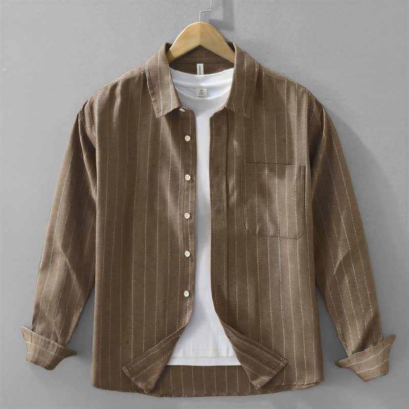 Buddha Stones Camisa de manga larga de algodón a rayas para hombre, estilo casual vintage de otoño, con botones y bolsillo. - Marrón silla de montar - US/UK/AU42, EU52 (3XL) - image 0