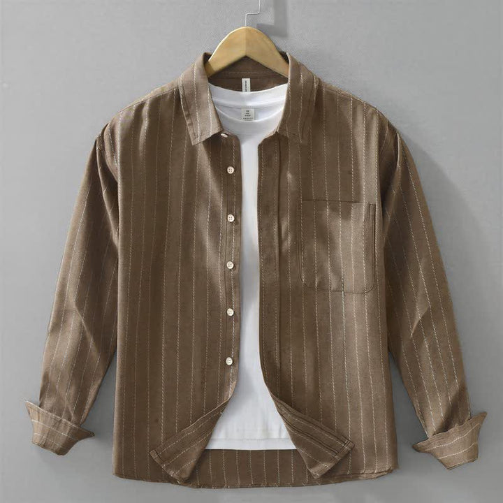 Buddha Stones Camisa de manga larga de algodón a rayas para hombre, estilo casual vintage de otoño, con botones y bolsillo. - Marrón silla de montar - US/UK/AU42, EU52 (3XL) - image 0