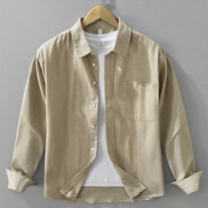Buddha Stones Camisa de manga larga de algodón a rayas para hombre, estilo casual vintage de otoño, con botones y bolsillo. - Beige - US/UK/AU42, EU52 (3XL) - image 9